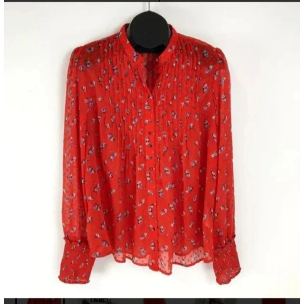 Free People Floral Blouse Womens S Red Cottagecore Pintuck Swiss Dot Sheer Top